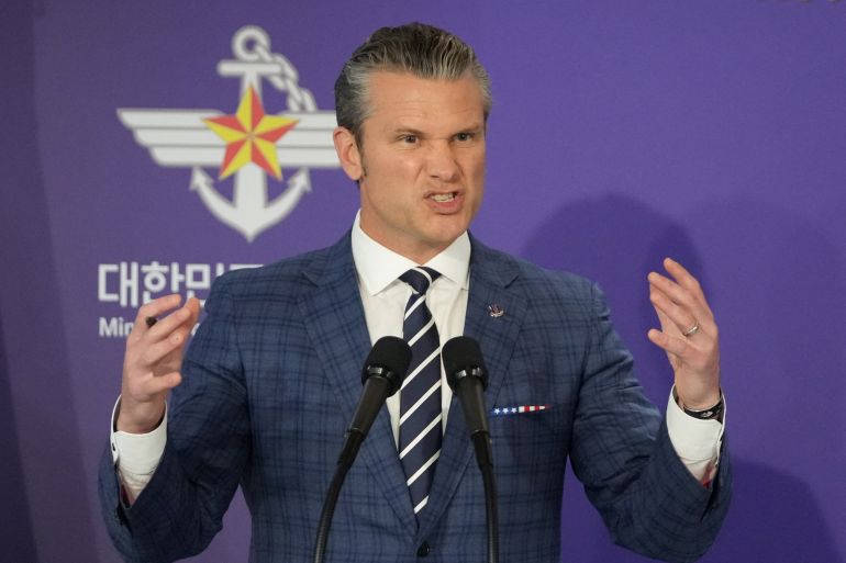 U.S. Defense Secretary Pete Hegseth, speaks during the joint press conference with South Korean Defense Minister Ahn Gyu-Back, following the 57th Security Consultative Meeting at the Defense Ministry in Seoul, South Korea, Tuesday, Nov. 4, 2025. Lee Jin-man/Pool via REUTERS