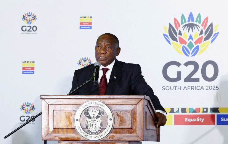 reuters_69104ccd-1762675917-1 FILE PHOTO: South African President Cyril Ramaphosa speaks to members of the media on the sidelines of the meeting of the G20 foreign ministers, which is hosted by South Africa under the theme "Solidarity, Equality and Sustainability", at the NASREC conference centre in Johannesburg, South Africa, February 20, 2025. REUTERS/Siphiwe Sibeko/File Photo