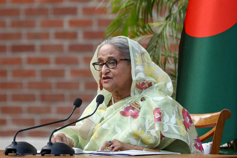 reuters_691ac593-1763362195 FILE PHOTO: Sheikh Hasina, the newly elected Prime Minister of Bangladesh and Chairperson of Bangladesh Awami League, speaks during a meeting with foreign observers and journalists at the Prime Minister's residence in Dhaka, Bangladesh, January 8, 2024. REUTERS/Mohammad Ponir Hossain/File Photo