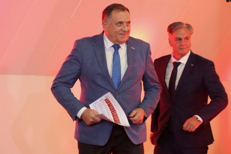 Milorad Dodik, former President of the Bosnian Serb Republic, and Sinisa Karan attend a press conference after preliminary results indicated Karan won a snap presidential election in Banja Luka, Bosnia and Herzegovina, November 23, 2025. REUTERS/Amel Emric