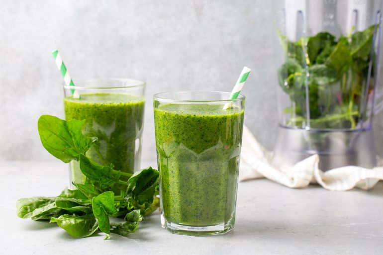 Healthy dieting and nutrition, lifestyle, vegan, alkaline, vegetarian concept. Green smoothie with organic ingredients, vegetables. Spinach smoothie.; Shutterstock ID 2490491577; purchase_order: aj; job: ; client: ; other: