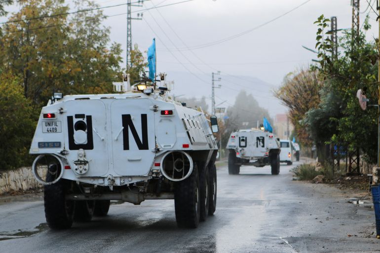 unifil-2-1763332925 UN peacekeepers (UNIFIL) vehicles ride along a street amid ongoing hostilities between Hezbollah and Israeli forces, in Marjayoun, near the border with Israel, southern Lebanon November 19, 2024. REUTERS/Karamallah Daher