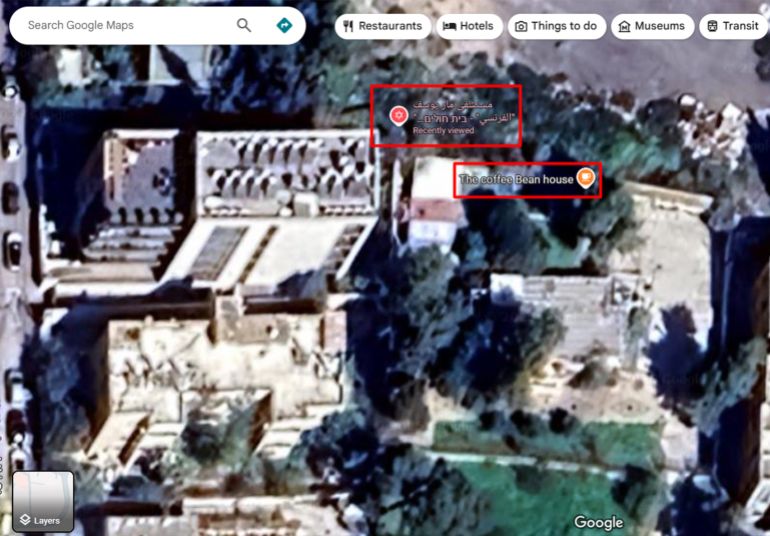 خاص ب تقرير استقصائي بالمصادر المفتوحة| تهجير ناعم لغزة: ما الجهات والمسؤولين عن التهجير الخفي للغزيين وماهي ارتباطاتهم بالاحتلال الإسرائيلي؟ - تظهر خرائط جوجل عدم وجود شركة بهذا الإسم كما نرى (يوجد مستشفى ومقهى في الموقع المشار إليه على موقع المؤسسة).