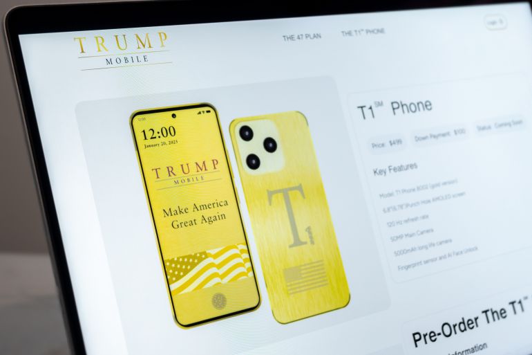 Mexico City, Mexico, 06 16 2025: Trump Mobile T1 phone preorder page displayed on laptop screen