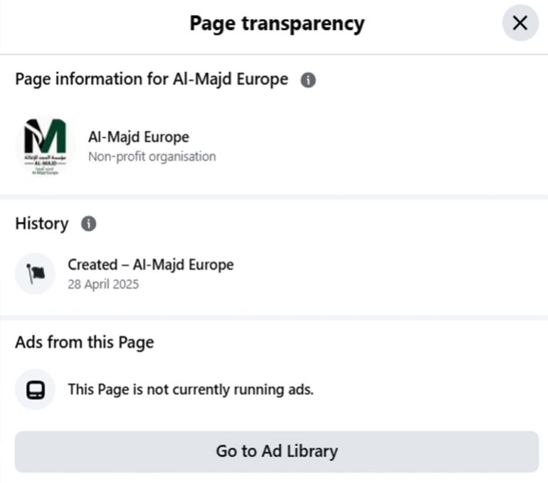 خاص ب تقرير استقصائي بالمصادر المفتوحة| تهجير ناعم لغزة: ما الجهات والمسؤولين عن التهجير الخفي للغزيين وماهي ارتباطاتهم بالاحتلال الإسرائيلي؟ - حسابات السوشيال ميديا فيسبوك: صفحة المؤسسة تم إنشاؤها في أبريل 2025 (متأخرة جدًا قياسًا بادعاء التأسيس منذ 2010). الصفحة خاملة، لا يوجد محتوى أو نشاط يُذكر.