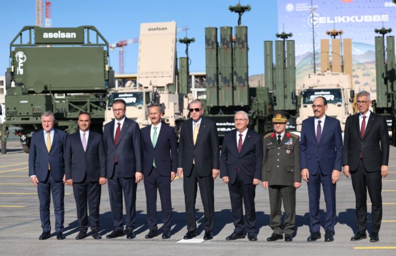 ANKARA, TURKIYE - AUGUST 27: (----EDITORIAL USE ONLY - MANDATORY CREDIT - 'TURKISH PRESIDENCY / MURAT KULA / HANDOUT' - NO MARKETING NO ADVERTISING CAMPAIGNS - DISTRIBUTED AS A SERVICE TO CLIENTS----) Turkish President Recep Tayyip Erdogan attends the Steel Dome Deliveries, Facility Openings, and Ogulbey Groundbreaking Ceremony held at the ASELSAN Golbasi Campus in Ankara, Turkiye on August 27, 2025. Turkish Minister of National Defense Yaar Güler (4th R), Turkish Minister of Industry and Technology Mehmet Fatih Kacir (2nd L), Turkish Minister of Youth and Sports Osman Askin Bak (L), Turkish Minister of Health Kemal Memisoglu (R), Director of the National Intelligence Organization (MT) Ibrahim Kalin (2nd R), Turkish Defense Industries President (SSB) Haluk Gorgun (4th L) and ASELSAN General Manager Ahmet Akyol (3rd L), Turkish Chief of General Staff General Selcuk Bayraktaroglu (3rd R) also attended the event. (Photo by TUR Presidency / Murat Kula/Anadolu via Getty Images)