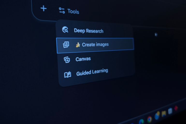 Bangalore, India - August, 29, 2025: Close up image of Google Gemini AI Drop down displaying the features of AI, Google Gemini now provides image generation and editing using "Nano Banana". AI Tech.; Shutterstock ID 2671829047; purchase_order: ٥; job: ; client: ; other:
