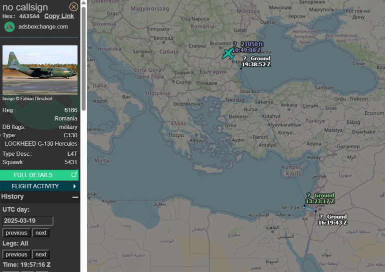 خاص ب تقرير استقصائي بالمصادر المفتوحة| تهجير ناعم لغزة: ما الجهات والمسؤولين عن التهجير الخفي للغزيين وماهي ارتباطاتهم بالاحتلال الإسرائيلي؟ - ووجدنا بالفعل طائرة رومانية عسكرية كانت قد غادرت مطار رامون باتجاه رومانيا يوم 19 مارس 2025، تحمل رقم تسجيلي 6166 من طراز C130