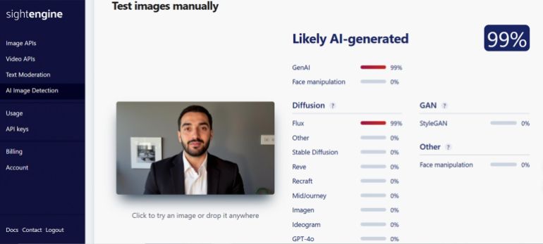 خاص ب تقرير استقصائي بالمصادر المفتوحة| تهجير ناعم لغزة: ما الجهات والمسؤولين عن التهجير الخفي للغزيين وماهي ارتباطاتهم بالاحتلال الإسرائيلي؟ - كما أن أداة Sightengine صنّفت الصورة بنسبة 99% أنها مولّدة بالذكاء الاصطناعي، مع مؤشرات واضحة على استخدام تقنيات GAN (التوليد بالذكاء الاصطناعي).