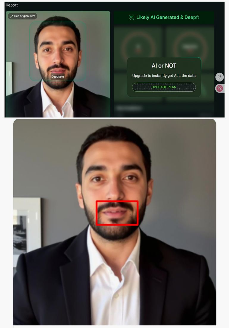 خاص ب تقرير استقصائي بالمصادر المفتوحة| تهجير ناعم لغزة: ما الجهات والمسؤولين عن التهجير الخفي للغزيين وماهي ارتباطاتهم بالاحتلال الإسرائيلي؟ - وعند التدقيق في الصورة، يمكن ملاحظة تفاصيل غير طبيعية في الفم وبعض ملامح الوجه، وهي سمات شائعة في الصور المولدة بالذكاء الاصطناعي.