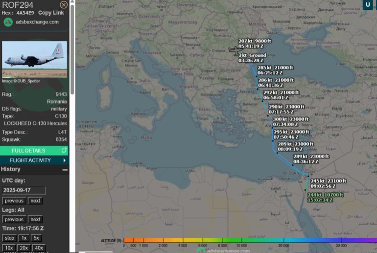خاص ب تقرير استقصائي بالمصادر المفتوحة| تهجير ناعم لغزة: ما الجهات والمسؤولين عن التهجير الخفي للغزيين وماهي ارتباطاتهم بالاحتلال الإسرائيلي؟ - هذه الرحلة تكررت في 17 سبتمبر، حيث خرجت طائرة عسكرية رومانية تحمل الرقم 9143 من طراز C130 أيضاً، تحركت من مطار رامون إلى رومانيا، وفي نفس اليوم نشرت عدة مصادر إسرائيلية أن 550 شخصاً غادروا غزة إلى وجهات عديدة (منها رومانيا)، حيث قال مكتب التنسيق COGAT إن معظم الذين غادروا غزة اليوم هم من المرضى الفلسطينيين ومقدمي الرعاية لهم