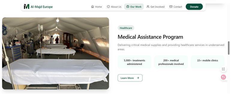 خاص ب تقرير استقصائي بالمصادر المفتوحة| تهجير ناعم لغزة: ما الجهات والمسؤولين عن التهجير الخفي للغزيين وماهي ارتباطاتهم بالاحتلال الإسرائيلي؟ - إضافة إلى ذلك، نشر الموقع صورًا لمخيمات طبية ميدانية وأرفقها بادعاء أنه يقدم خدمات صحية للمتضررين، مشيرًا إلى امتلاكه خمس عشرة عيادة متنقلة وأكثر من مئتي متخصص في القطاع الطبي.