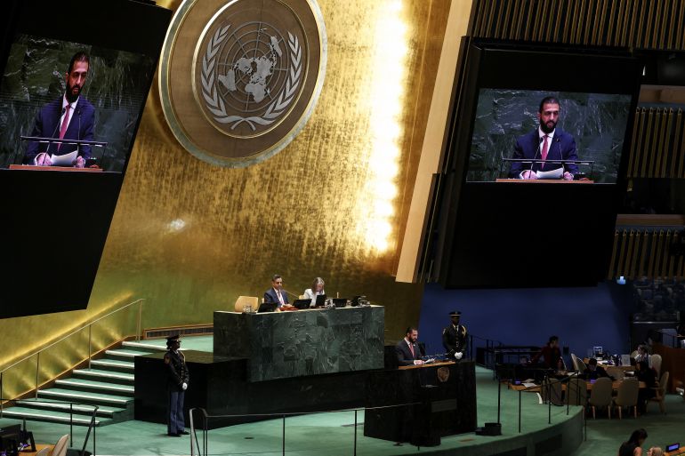 555-1758736697 الشرع - الأمم المتحدة Syria's President Ahmed al-Sharaa addresses the 80th United Nations General Assembly (UNGA) at the U.N. headquarters in New York, U.S., September 24, 2025. REUTERS/Shannon Stapleton