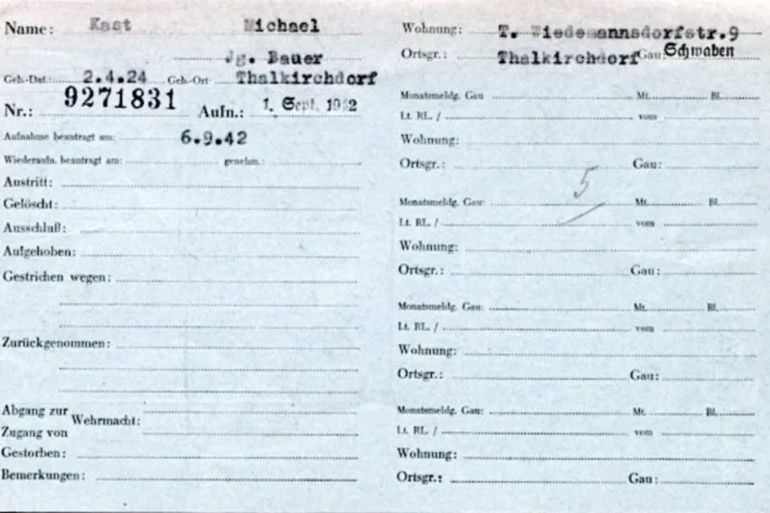 5da-1765775712 An 18-year-old Michael Kast joined the National Socialist German Workers’ Party, or NSDAP, in September 1942 (credit: WIKIMEDIA COMMONS/Berlin Document Center, NSDAP Mitgliederkartei)