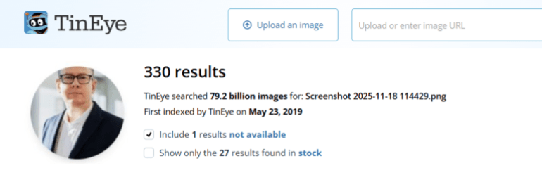 خاص ب تقرير استقصائي بالمصادر المفتوحة| تهجير ناعم لغزة: ما الجهات والمسؤولين عن التهجير الخفي للغزيين وماهي ارتباطاتهم بالاحتلال الإسرائيلي؟ - وعند القيام بالبحث العكسي باستخدام أداة tineye.com ظهر معنا 330 نتيجة مختلفة المصدر والنشر