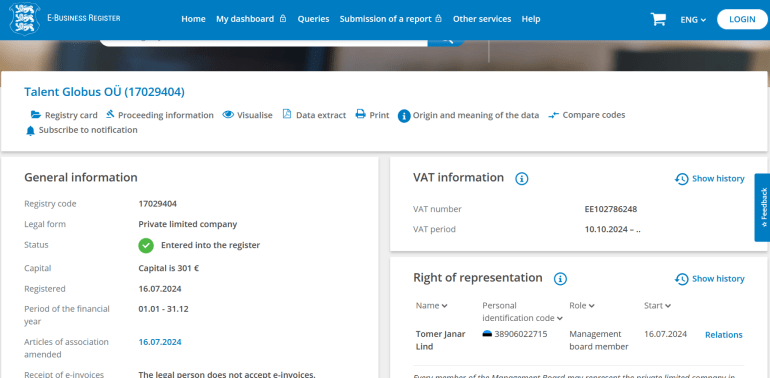 خاص ب تقرير استقصائي بالمصادر المفتوحة| تهجير ناعم لغزة: ما الجهات والمسؤولين عن التهجير الخفي للغزيين وماهي ارتباطاتهم بالاحتلال الإسرائيلي؟ - موقع الشركة: يقع مقرها في تالين، عاصمة إستونيا، وتقدم خدمات تركز على التطوير المستمر لجودة التوظيف واختيار الكفاءات المناسبة لتحقيق أهداف الشركات. بالبحث في سجلات الشركة في استونيا ظهر معنا فقط اسم تومر ليند في مجلس إدارة الشركة