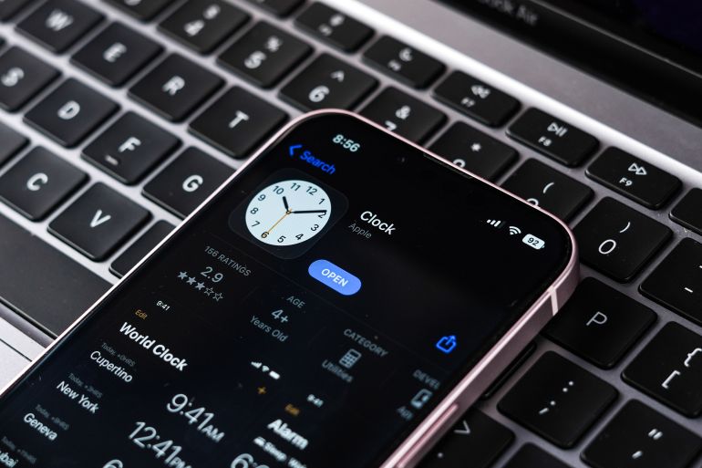 78945-1766500547 West Bangal, India - February 20, 2023 : Apple Clock app on phone screen stock image.; Shutterstock ID 2321972885; purchase_order: ي; job: ; client: ; other: