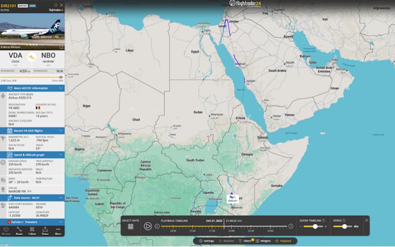 خاص ب تقرير استقصائي بالمصادر المفتوحة| تهجير ناعم لغزة: ما الجهات والمسؤولين عن التهجير الخفي للغزيين وماهي ارتباطاتهم بالاحتلال الإسرائيلي؟ - وفق البيانات الملاحية التي رصدتها منصات التتبع، انطلق الفوج في 27 أكتوبر/ تشرين الأول 2025 من جنوب إسرائيل باتجاه نيروبي، على متن طائرة Airbus A320 تحمل التسجيل YR-ADD وتديرها شركة FlyYo الرومانية.