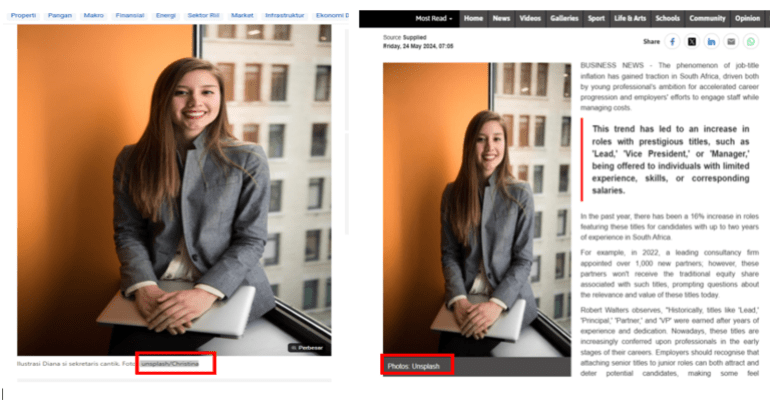 خاص ب تقرير استقصائي بالمصادر المفتوحة| تهجير ناعم لغزة: ما الجهات والمسؤولين عن التهجير الخفي للغزيين وماهي ارتباطاتهم بالاحتلال الإسرائيلي؟ - ماريا رودريغز: يظهر هنا مواقع اخبارية تنشر مقالات وتضع صورة الفتاة ، لكن وجدنا أن المواقع تضع أسفل الصورة المصدر الرسمي لها وتبين أن المصدر الرسمي للصورة هو موقع unsplash.com وهي منصة متخصصة في نشر الصور عالية الجودة عادة تكون خالية من حقوق النشر