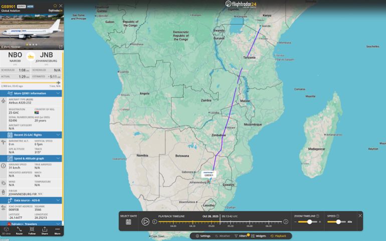 خاص ب تقرير استقصائي بالمصادر المفتوحة| تهجير ناعم لغزة: ما الجهات والمسؤولين عن التهجير الخفي للغزيين وماهي ارتباطاتهم بالاحتلال الإسرائيلي؟ - واصل الفوج رحلته في الواحدة صباح يوم 28 أكتوبر من نيروبي إلى جوهانسبرغ عبر الرحلة رقم QS901، على متن طائرة أخرى من طراز Airbus A320 تابعة لشركة Global Aviation، لتشكّل جنوب أفريقيا وجهتهم النهائية.