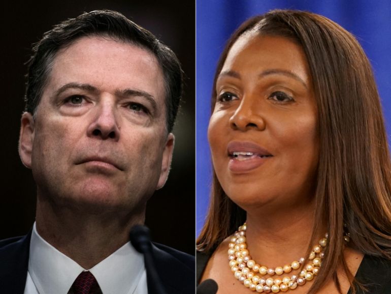 (COMBO) This combination of pictures created on November 24, 2025 shows, L/R, former FBI director James Comey on Capitol Hill June 8, 2017 in Washington, DC, and New York Attorney General Letitia James in New York on February 16, 2024.