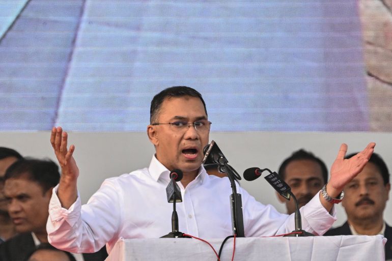 Tarique Rahman, son of former prime minister Khaleda Zia and Bangladesh Nationalist Party (BNP)'s acting chairman addresses supporters during a rally after his arrival in Dhaka on December 25, 2025.