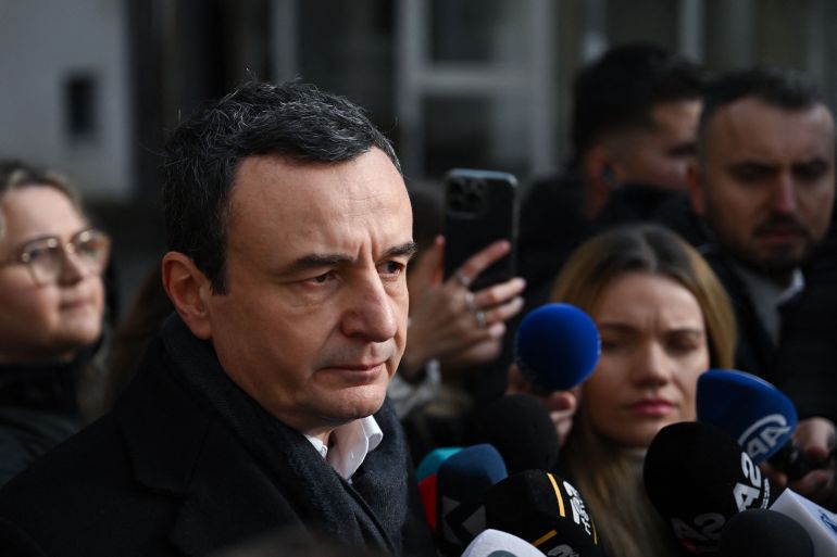 Kosovo's acting Prime Minister and leader of the Vetevendosje Movement (LVV) Albin Kurti addresses the press after casting his vote at a polling station in Pristina on December 28, 2025.