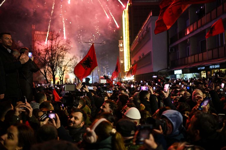 Supporters of the Vetevendosje Movement (LVV) celebrate the party’s election result in Pristina on December 28, 2025.