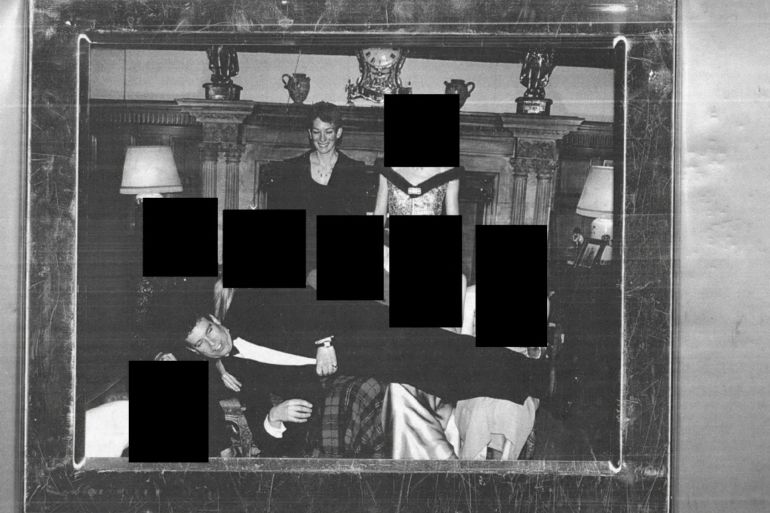 This redacted photo released by the U.S. Department of Justice shows Andrew Mountbatten-Windsor laying across several people's laps with Ghislaine Maxwell standing above. (U.S. Department of Justice via AP)
