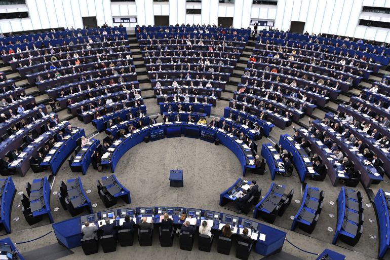 ap_68e6b293923ab-1759949459 European Parliament members attend a session Wednesday, Oct. 8, 2025 at the European Parliament in Strasbourg, eastern France. (AP Photo/Pascal Bastien)