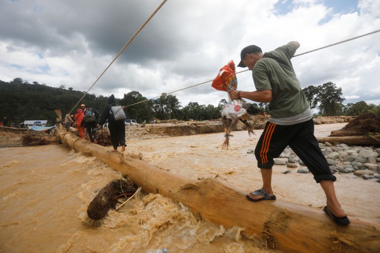 ap_692d7c0435d0d-1764588548 A man holds a chicken as he walks on log used as a makeshift bridge at a village affected by a flash flood in Batang Toru, North Sumatra, Indonesia, Monday, Dec. 1, 2025. (AP Photo/Binsar Bakkara)