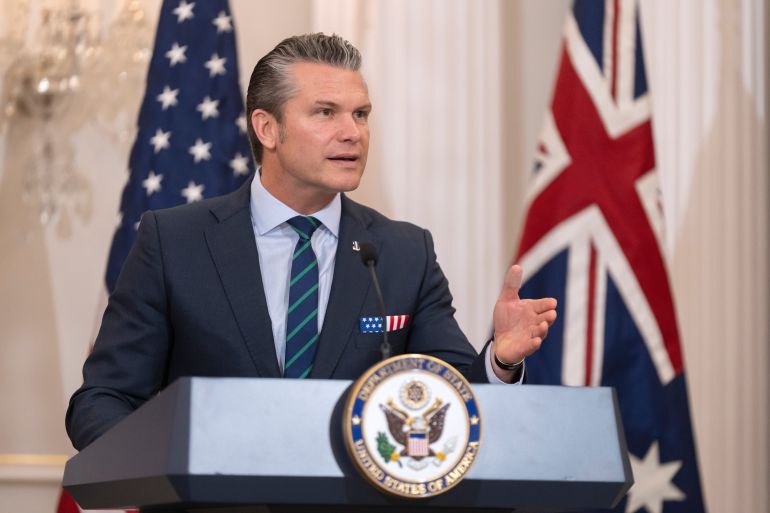 Defense Secretary Pete Hegseth speaks during an event at the State Department, Monday, Dec. 8, 2025, in Washington. (AP Photo/Mark Schiefelbein)