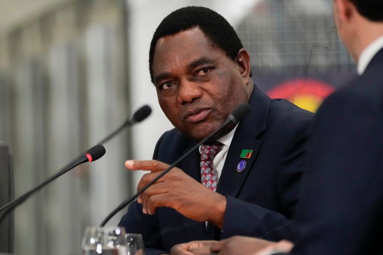 ap_6940f37f0b4e2-1765864319 FILE - Zambia President Hakainde Hichilema speaks during the Lobito Corridor Trans-Africa Summit at the Carrinho food processing factory near Lobito, Angola, Dec. 4, 2024. (AP Photo/Ben Curtis, File)