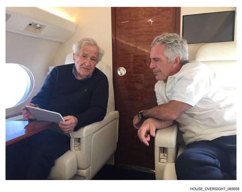 This undated photo released by Democrats on the House Oversight Committee Thursday, Dec. 18, 2025, shows Jeffrey Epstein talking with Noam Chomsky. (House Oversight Committee via AP)