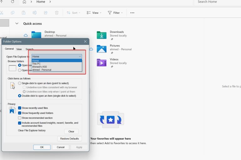 تعديل خيارات المجلدات في ويندوز 11