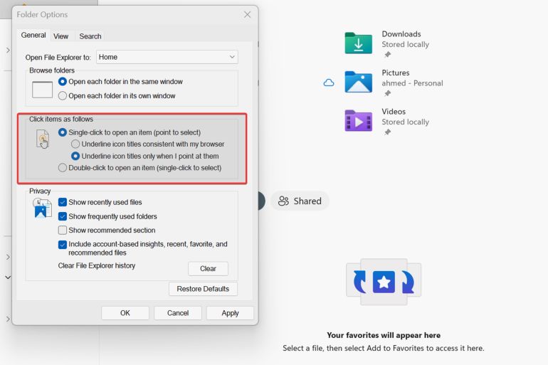 تعديل خيارات المجلدات في ويندوز 11