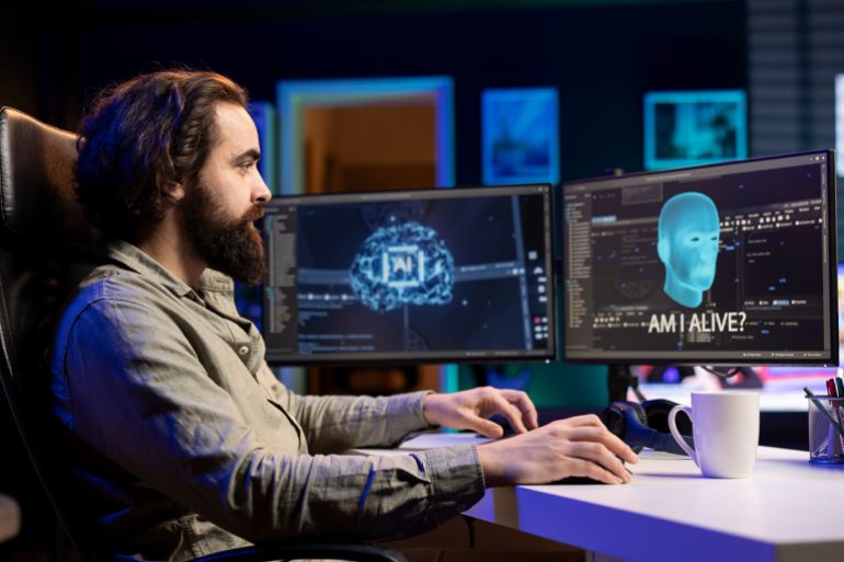 d8a7d984d8b0d983d8a7d8a1-d8a7d984d8a7d8b5d8b7d986d8a7d8b9d98a-223-1761052498 Computer scientist in apartment programming sentient artificial intelligence with own autonomy, creation myth concept. Programmer at home creating conscious AI superintelligence