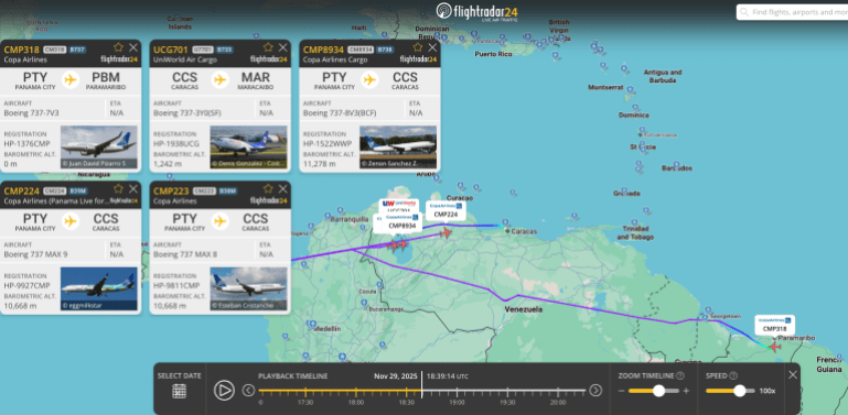flight-radar-1764572258 تسجيل ست طائرات تحمل أرقاما بنمية وكولومبية وهي تعبر إلى داخل الأجواء الفنزويلية أو تحلق فوقها