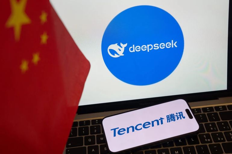 The logos for the DeepSeek AI service, top, and Tencent Holdings Ltd. next to a Chinese flag arranged in Beijing, China, on Monday, Feb. 17, 2025. Optimism over AI's potential has sparked a blistering rally in China's stock market over the past month, turning the Hang Seng China Enterprises Index into the world's best-performer. Photographer: Andrea Verdelli/Bloomberg via Getty Images