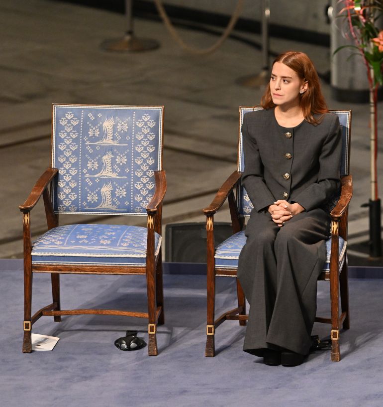 getty_693a70a730-1765437607 OSLO, NORWAY - DECEMBER 10: Nobel Peace Prize recipient Venezuelan politician Marina Corina Machado's daughter, Ana Corina Sosa Machado attends The Nobel Peace Prize Ceremony at Oslo City Hall on December 10, 2025 in Oslo, Norway. (Photo by Rune Hellestad/Getty Images)