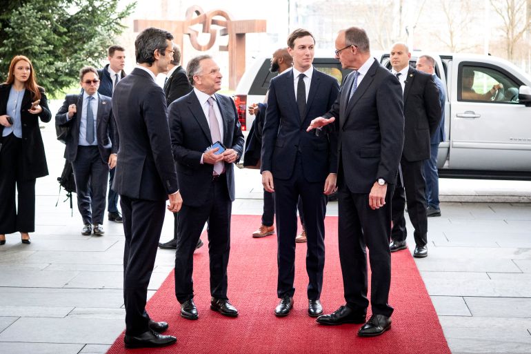 getty_693f95625b-1765774690 BERLIN, GERMANY - DECEMBER 14: (EDITOR’S NOTE: This Handout image was provided by a third-party organization and may not adhere to Getty Images’ editorial policy.) In this handout image provided by the German Government Press Office (BPA), German Chancellor Friedrich Merz (R) welcomes U.S. negotiator Jared Kushner (2ndR) and US special envoy Steve Witkoff (2ndL) at the Chancellery for talks with Ukrainian President Volodymyr Zelensky on December 14, 2025 in Berlin, Germany. Kushner and Steve Witkoff are in Berlin to meet with Ukrainian and German delegations ahead of tomorrow's gathering of European leaders and Ukrainian President Volodymyr Zelensky on working towards an end to Russia's ongoing war in Ukraine. (Photo by Guido Bergmann/Bundesregierung via Getty Images)