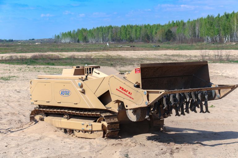 KYIV REGION, UKRAINE - APRIL 13, 2024 - The Ukraine-made MV-4 light robotic demining machine is displayed during an event organised by JSC Ukrainian Defense Industry (UkrOboronProm) to mark the Defence and Industrial Complex Employee Day, Kyiv region, northern Ukraine. (Photo credit should read Pavlo_Bagmut / Ukrinform/Future Publishing via Getty Images)