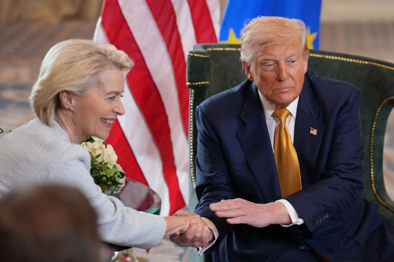 TURNBERRY, SCOTLAND - JULY 27: U.S. President Donald Trump and President of the European Commission Ursula von der Leyen shake hands as they announce a US-EU trade deal after a meeting at Trump Turnberry golf club on July 27, 2025 in Turnberry, Scotland. U.S. President Donald Trump is visiting his Trump Turnberry golf course, as well as Trump International Golf Links in Aberdeenshire, during a brief visit to Scotland from July 25 to 29. (Photo by Andrew Harnik/Getty Images)