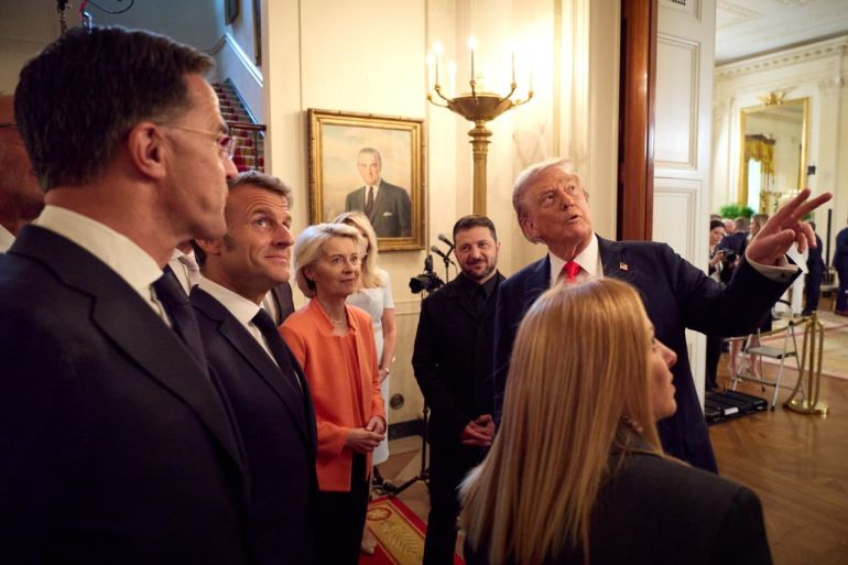 WASHINGTON D.C., UNITED STATES - AUGUST 18: (----EDITORIAL USE ONLY - MANDATORY CREDIT - 'UKRAINIAN PRESIDENCY / HANDOUT' - NO MARKETING NO ADVERTISING CAMPAIGNS - DISTRIBUTED AS A SERVICE TO CLIENTS----) U.S. President Donald Trump, Ukrainian President Volodymyr Zelenskyy and European leaders, including British Prime Minister Keir Starmer, French President Emmanuel Macron, German Chancellor Friedrich Merz, Italian Prime Minister Giorgia Meloni, Finnish President Alexander Stubb and NATO Secretary General Mark Rutte attend a meeting at the White House in Washington D.C., United States on August 18, 2025. (Photo by Ukrainian Presidency / Handout/Anadolu via Getty Images)