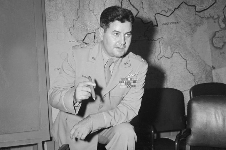 (Original Caption) Major General Curtis E. LeMay, of Lakewood, Ohio, tells newsman during Press Conference of his recent record-breaking non-stop flight in a B-29 Superfort. The trip from Hawaii to Washington, D. C., a distance of 4,640 miles, was covered in 20 hours and 15 minutes. General LeMay, Commanding General of the 21st Bomber Command was at the controls most of the flight. He told reporters that "soon we will have 1,000 Plane Raids against Japan, now that we have enough bases, and that Japan could not replace their factories as fast as the Nazis did."
