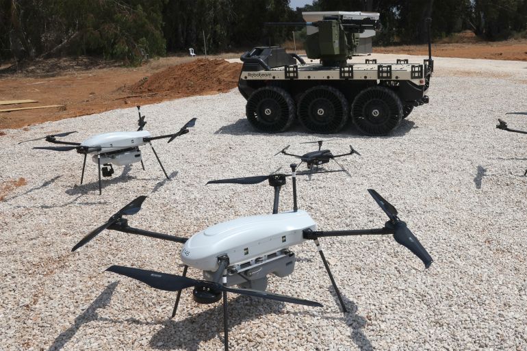 israe1-1729165104 THOR vertical takeoff and landing (VTOL) micro-unmanned aerial systems (UAS), developed as military tactical mule platform and part of the "Legion-X" line of robotic and autonomous combat solutions produced by the Israel-based international defence electronics company Elbit Systems, are pictured during a press demonstration at their headquarters in Ramat HaSharon in central Israel on July 10, 2023. The Legion-X line allows for the control and coordination of a networked group of heterogeneous autonomous systems that can act as a cohesive unit and individually, as part of an overall combat network system. (Photo by JACK GUEZ / AFP)