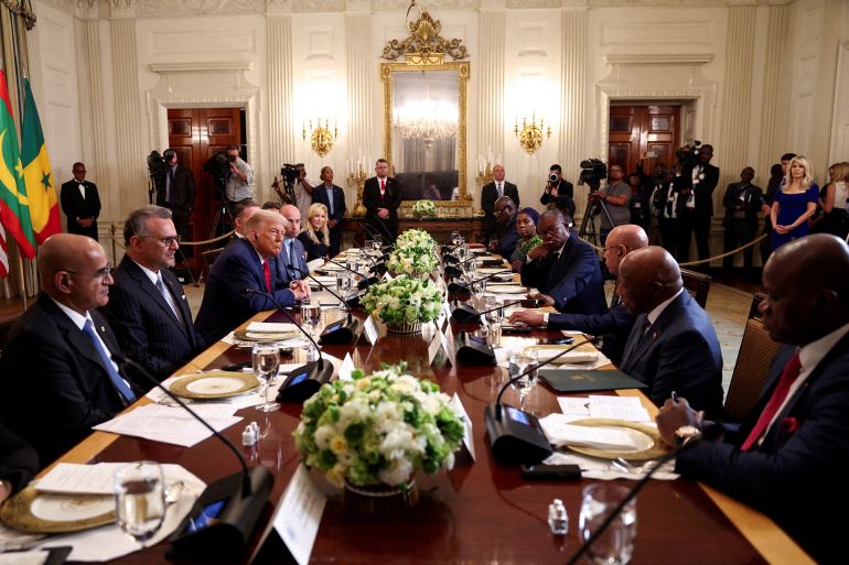 reiuters1-1753610021 FILE PHOTO: Senegal's President Bassirou Diomaye Faye, Guinea-Bissau's President Umaro Sissoco, Mauritania's President Mohamed Ould Ghazouani, Liberian President Joseph Boakai and Gabon's President Brice Oligui Nguema attend a lunch for African representatives of Gabon, Guinea-Bissau, Liberia, Mauritania, and Senegal hosted by U.S. President Donald Trump in the State Dining Room at the White House in Washington, D.C., U.S., July 9, 2025. REUTERS/Kevin Lamarque/File Photo