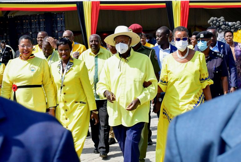 reuters_68f0d76e-1760614254 Uganda's President and the leader of ruling National Resistance Movement (NRM) party Yoweri Museveni and first lady Janet Museveni arrive at a ceremony for his nomination as presidential candidate at the Electoral Commission offices in Kampala, Uganda September 23, 2025. REUTERS/Abubaker Lubowa