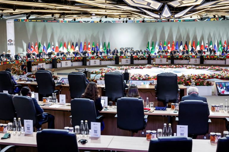 reuters_6927d77e-1764218750 Leaders attend a plenary session on the second day of the G20 Leaders' Summit at the Nasrec Expo Centre in Johannesburg on November 23, 2025. MARCO LONGARI/Pool via REUTERS