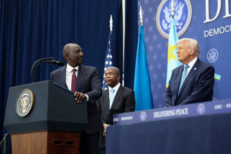 reuters_693261b4-1764909492 Kenyan President William Ruto speaks next to U.S. President Donald Trump and President of Angola and Chairperson of the African Union Joao Lourenc during a signing ceremony at the U.S. Institute of Peace in Washington, D.C., U.S., December 4, 2025. REUTERS/Kevin Lamarque